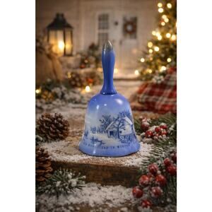 Vintage Currier & Ives Blue Porcelain Bell Old Homestead in Winter Scene 1977